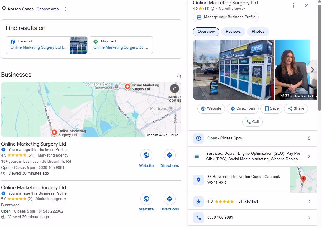 Highlighting an example Google my business profile which includes company details, images and reviews.