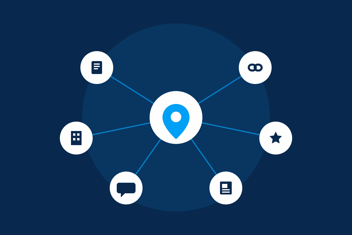 A local icon that is pointing to the most important strategies for local SEO including trust, backlinks and content.