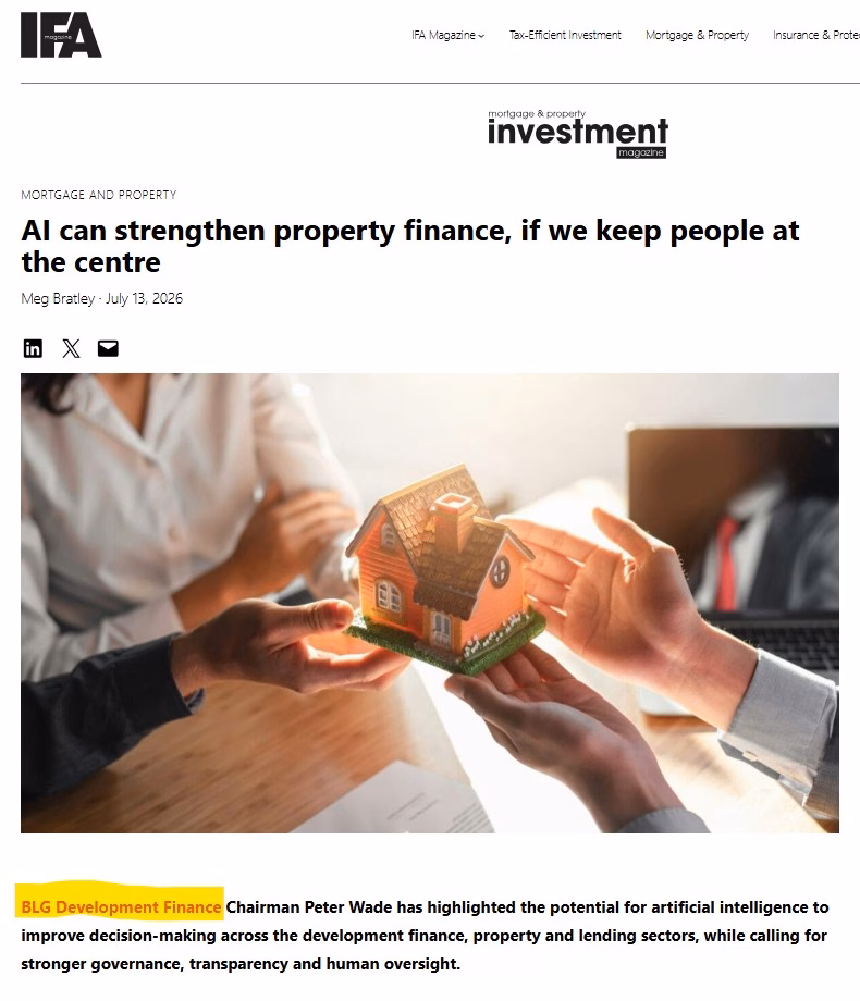 Revealing a property finance news piece that includes a backlink to the property developemt finance business 'BLG Development Finance'.