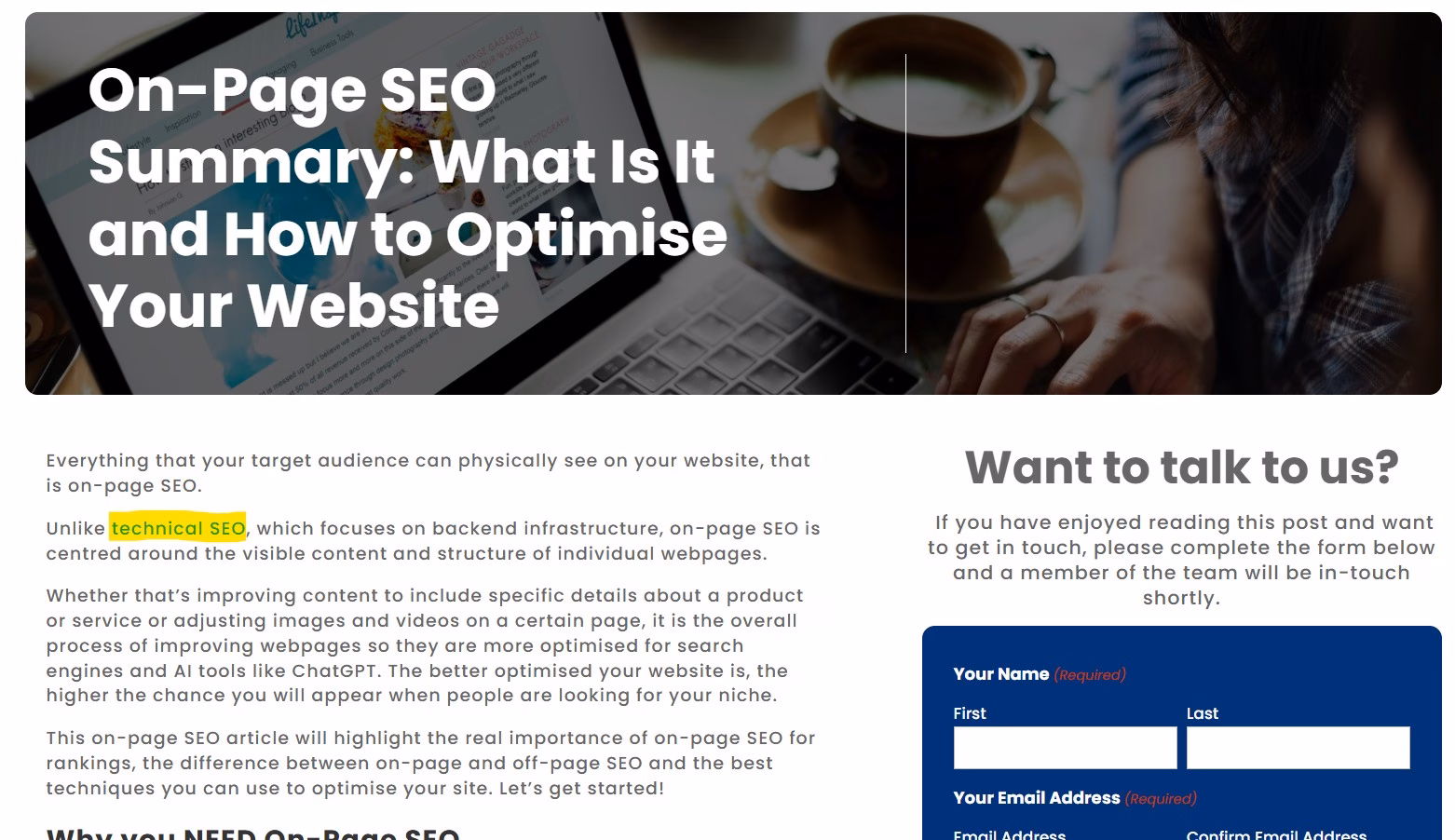 Contextual links example where we linked technical SEO page within our on-page SEO blog.