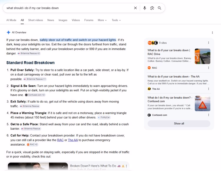 Google AI overview of someone asking what should they do if their car breaks down.