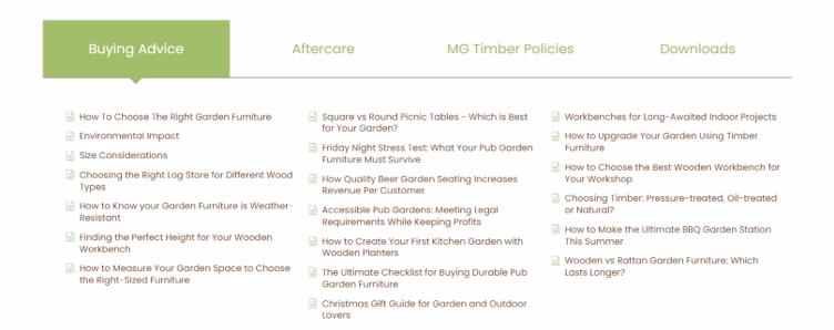 Highlighting a client knowledge base revealing articles they have produced around their industry of wooden garden furniture.
